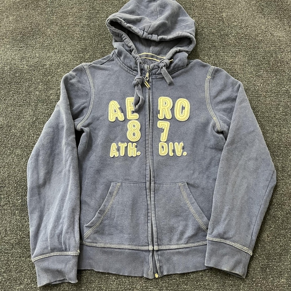 Aeropostale Hoodie Womens Medium Blue Full Zip 87 ATH DIV Sweatshirt Patch‎ Logo